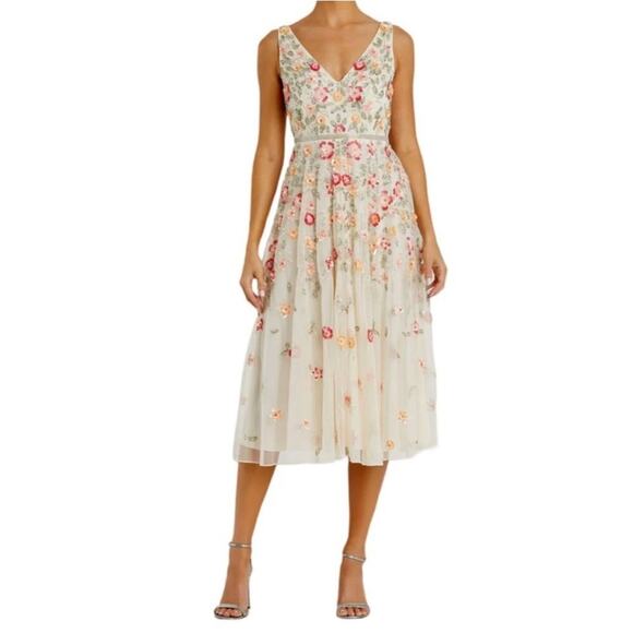 Mac Duggal White V-Neck Sleeveless Midi Floral Beaded A-line Dress 5527 - 2 NWT - Picture 1 of 13
